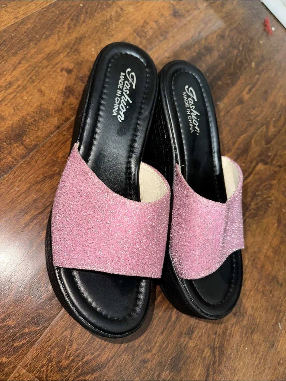 Women's Pink Glitter Platform Slide Sandals - Comfortable Black Sole